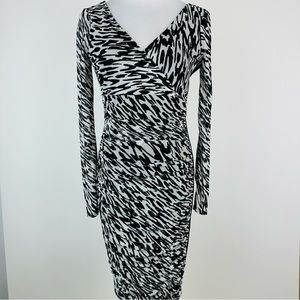 White House Black Market Instantly Slimming Black White Ruched Dress Size 4